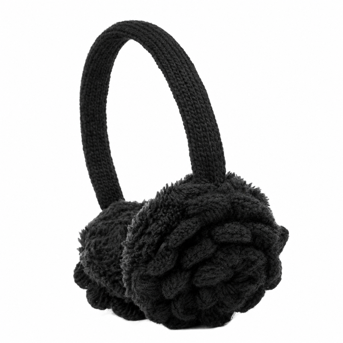 Hand Knit Camellia Earmuffs feature black knitted, flower-shaped ear coverings, a matching headband, and soft faux fur lining, displayed on a plain white background.