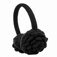 Hand Knit Camellia Earmuffs feature black knitted, flower-shaped ear coverings, a matching headband, and soft faux fur lining, displayed on a plain white background.