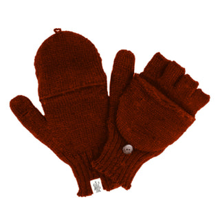 The Bryant Fingerless Gloves w/ Flap are red knit convertible mittens—one flap closed, the other open to show cozy wool fingerless gloves. A button secures the flap, combining style and warmth for winter.
