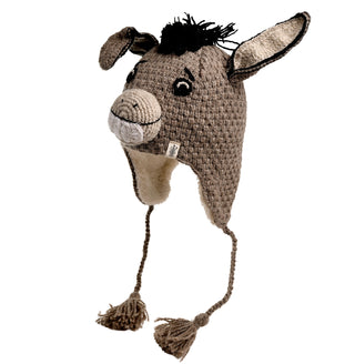 Introducing the Donkey Hat—a charming, hand-crocheted knit hat featuring a donkey's face complete with prominent ears, expressive eyes, and a tuft of black yarn representing its hair. This brown hat boasts earflaps with hanging tassels, a textured knit pattern, and a soft lining inside for extra comfort.