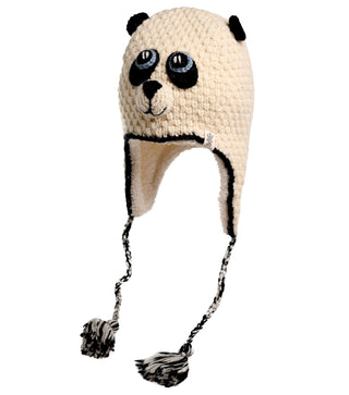 Introducing the Crochet Panda Hat, a hand-made knitted accessory crafted to resemble a panda bear. Made from 100% wool, it showcases predominantly white yarn complemented by black accents for the ears, eyes, and nose. Two braids with tassels hang from the sides, providing added charm, while ear flaps ensure extra warmth.