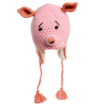 The Crochet Piggy Hat is an adorable and cozy, hand-made in Nepal creation, crafted from 100% wool. This pink knitted hat resembles a pig and features charming details like ears, embroidered eyes, a snout, and strings with pom-poms hanging on each side.