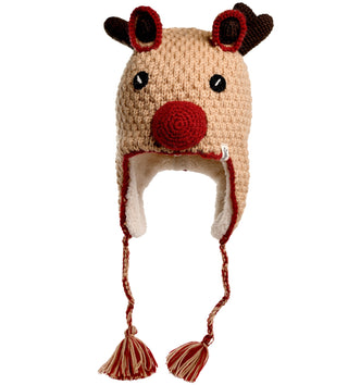 The Crochet Reindeer Hat is a whimsical design crafted to resemble a reindeer's face, complete with black button eyes, a prominent red nose, antlers, and charming brown and red details. Handmade in Nepal, this hat includes ear flaps finished with braided tassels tipped in red and beige.