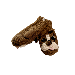 A pair of Crochet Bulldog Mittens, hand-made in Nepal with a brown knitted design featuring an animal face complete with eyes, nose, and tongue, placed one on top of the other against a plain background.