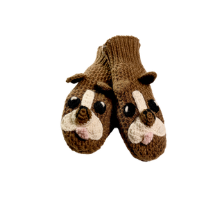 A pair of brown Crochet Bulldog Mittens designed to look like dog faces with ears, eyes, and snouts. Hand-made in Nepal, these adorable animal puppet mittens are perfect for adding a touch of whimsy to your winter wardrobe. The mittens appear to be on a white background.