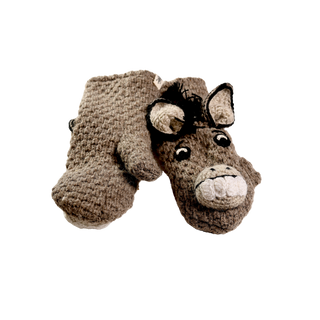 Introducing our **Crochet Donkey Mittens**: a unique pair of brown mittens shaped like donkey heads. Each mitten features white teeth, black eyes, and black ears, complemented by yarn details for the mane. Handmade in Nepal from crochet wool, they boast a textured, knitted appearance and are displayed against a white background.