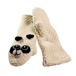 Displayed against a white background, these Crochet Panda Mittens feature two cream-colored knitted mittens adorned with panda faces, complete with black ears, eyes, and nose. Hand-made in Nepal, the mittens appear soft and cozy, making them ideal for cold weather.