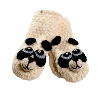 Introducing the Crochet Panda Mittens: a pair of cream-colored, hand-made knitted mittens featuring charming designs of animal faces with black eyes, ears, and noses. Crafted in Nepal, these mittens prominently display their delightful facial features.