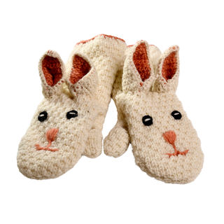 A pair of Crochet Rabbit Mittens, hand-made in Nepal, features a charming design resembling rabbit faces, complete with pink and white ears, black eyes, and orange noses. These white animal puppet mittens have a textured appearance and are displayed side by side against a black background.