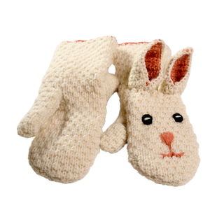 Introducing the Crochet Rabbit Mittens: a delightful pair of knitted mittens designed to resemble a bunny, featuring cream-colored yarn with pink inner ears, black eyes, and an orange nose and mouth. These cozy animal puppet mittens boast a texture similar to wool and have a warm, hand-made appearance from Nepal.