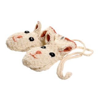 Crochet Rabbit Mittens are a pair of handmade wool mittens designed to look like rabbits, featuring embroidered faces with black eyes, pink noses, and white ears. These animal puppet mittens are crafted by hand in Nepal and connected by a long woolen string.