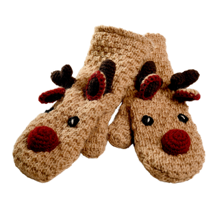 The **Crochet Reindeer Mittens** are beige and made from crochet wool, designed to resemble reindeer with red noses, prominent black eyes, and brown and dark red antlers. These sherpa-lined animal puppet mittens are displayed with their faces visible against a black background.