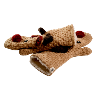 A pair of Crochet Reindeer Mittens in brown, featuring reindeer faces with red noses and brown antlers. These sherpa-lined mittens provide extra warmth and coziness.