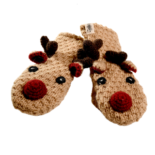 A pair of Crochet Reindeer Mittens featuring cozy, crocheted, sherpa-lined design with reindeer faces. Each mitten highlights a red nose, black eyes, and brown antlers. The mittens are beige and showcase a textured, chunky crochet pattern that is perfect for keeping your hands warm in style.