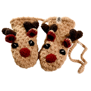 The Crochet Reindeer Mittens are a pair of beige, crochet wool mittens designed to resemble reindeer faces, complete with red noses, black eyes, and dark brown antlers. These sherpa-lined mittens come with a matching knitted string for added warmth.