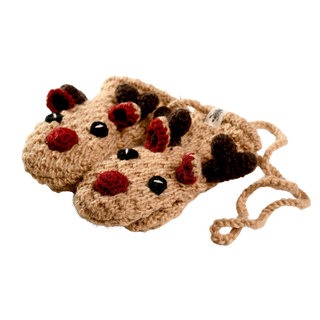 Introducing the Crochet Reindeer Mittens, hand-knitted in beige with charming reindeer faces featuring red noses and brown antlers. These cozy mittens are connected by a matching beige string and lined with warm sherpa. Perfect for keeping you toasty while adding a playful animal puppet mitten touch to your winter wardrobe!