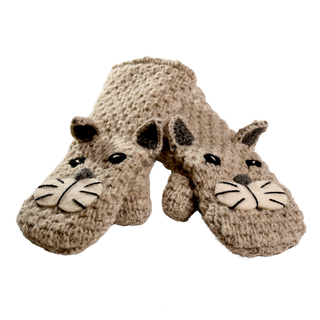 Introducing the Crochet Shmil the Cat Mittens: this pair of hand-made, beige mittens from Nepal features a charming cat face design complete with 3D ears, black button eyes, and intricately embroidered whiskers, nose, and mouth. Perfectly positioned on top of each other with their adorable cat faces on display, these animal puppet mittens are a must-have for any feline enthusiast.