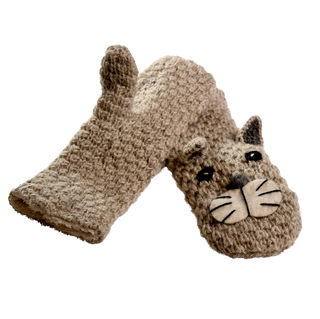 The Crochet Shmil the Cat Mittens are a hand-made pair of beige, knitted mittens from Nepal. Adorned with a charming cat face design complete with whiskers, a nose, and ears, these animal puppet mittens showcase a prominent knit texture and are displayed overlapping each other.