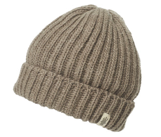 The Barrow Rib Beanie hat in tan with fleece lining.