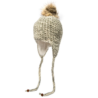 A Chunky Knit Earflap Hat with a fur pom.