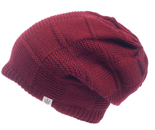 A burgundy wool beanie with a Checkered slouch pattern on a white background.