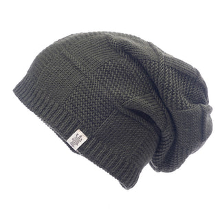 A knitted beanie in olive green with a Checkered slouch pattern.
