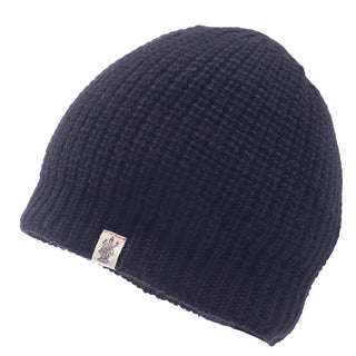 A black cardigan knit beanie on a white background.