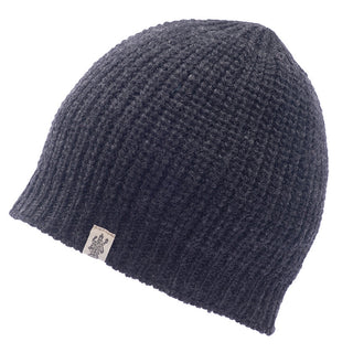 A black Cardigan knit beanie with a small logo on it.
