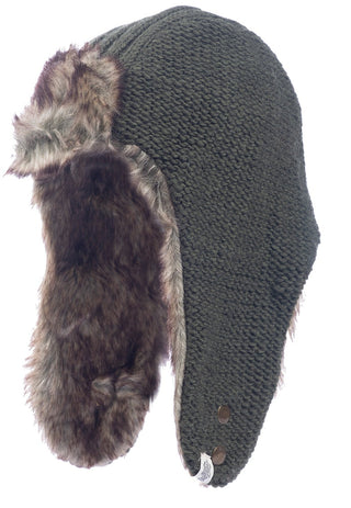 The Winter Trapper Hat is dark green wool with brown faux fur lining, ribbed texture, ear flaps in the down position, and two metallic snap buttons on the side.