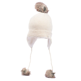 A white Paris earflap knit hat with poms.