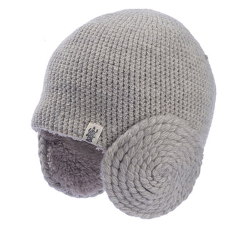 A grey wool Leia knit hat on a white background.