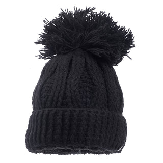 A black merino wool Big pom rib fold hat.