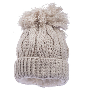 A beige handmade knitted Big pom rib fold hat with a pom pom.