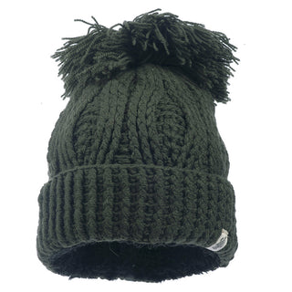 A green handmade knitted Big pom rib fold hat with a pom pom.