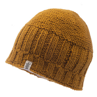 The North Face Women's Percy beanie in mustard, crafted from merino wool.