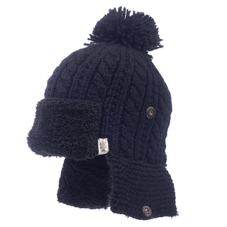 A black Sherpa trapper hat with pom.