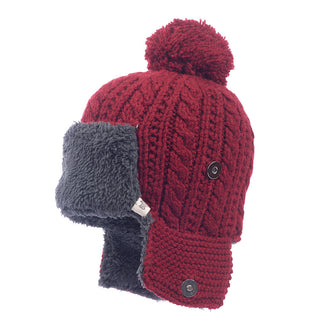 A red and gray Sherpa trapper hat with pom.