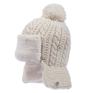 A white Sherpa trapper hat with pom.