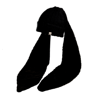 The "Oversized Ear Beanie" is a black knitted beanie with an attached scarf seamlessly integrated. The scarf drapes down both sides of the beanie, extending long enough to cover the neck and upper chest.