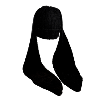 The Oversized Ear Beanie is a black knit hat with two long extensions draping down from the sides. It features a plain design, free of any visible embellishments or patterns. The extensions seem to be intended for additional warmth or coverage. The image background is also black.