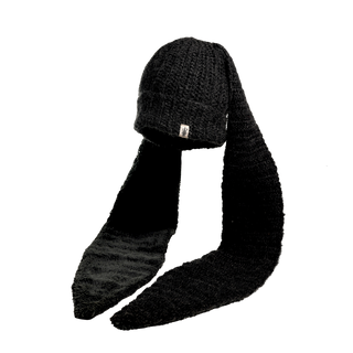 A black Oversized Ear Beanie with an attached long, matching black scarf, creating a cohesive piece of winter clothing.