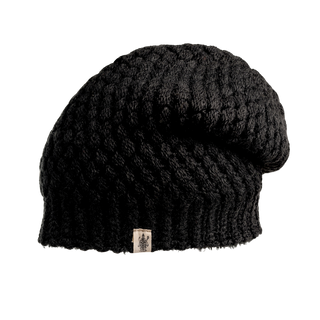 The Bubble Hat, a black knit beanie with a wavy, bubble-knit design, is displayed against a white background. This winter accessory features a small rectangular tag with a logo near its edge and appears thick and cozy.