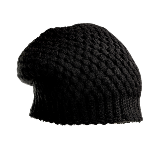 The Bubble Hat is a black knit beanie with a stylish bubble-knit design and a slightly slouchy silhouette. This hat looks soft and warm, fully covering the head, making it perfect for cold weather. The background is plain black.