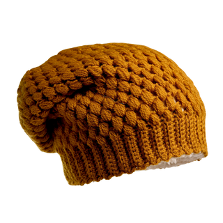 A mustard yellow Bubble Hat featuring a chunky knit design with a textured, bubbled pattern and a ribbed brim, crafted from wool or a similarly soft yarn.