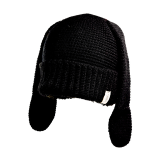 The Rib EarPup Hat, depicted in black, features extended ear flaps and a textured pattern. A small white tag is located on the lower edge of one ear flap. This knitted hat appears warm and is ideal for cold weather.