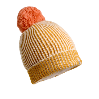 The Allen Pom Hat is a stylish and warm winter beanie crafted from cozy Merino wool. It features eye-catching vertical yellow stripes on a white background, complemented by a wide yellow brim and topped with a large orange pom-pom, making it the perfect accessory for the chilly season.