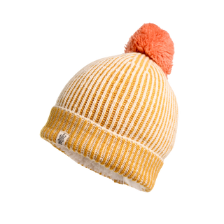 The Allen Pom Hat is a winter beanie knitted from Merino wool, boasting yellow and white stripes with a large orange pom-pom on top. It features a white label stitched onto its folded brim.