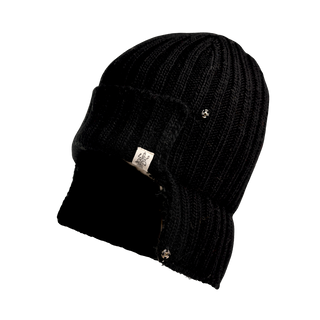 The Astor Hat is a black knit beanie crafted from cozy Merino Wool, featuring a ribbed texture and a fold-over brim. This winter hat also sports a small white logo tag on the folded part. The background is transparent, highlighting the hat itself.