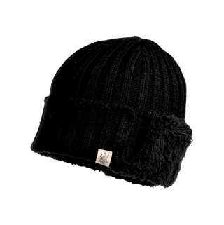 A black Astor Hat featuring a folded brim and adorned with a small tag showcasing a lion emblem. The interior is lined with black Sherpa Fleece for enhanced warmth. The winter hat is photographed against a plain black background.