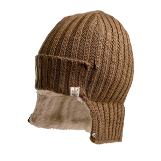 The Astor Hat is a brown knit winter hat with a ribbed pattern and a faux fur lining, featuring ear flaps that button under the chin. Made from soft Merino wool, it includes a small logo tag on the front left side of the hat.